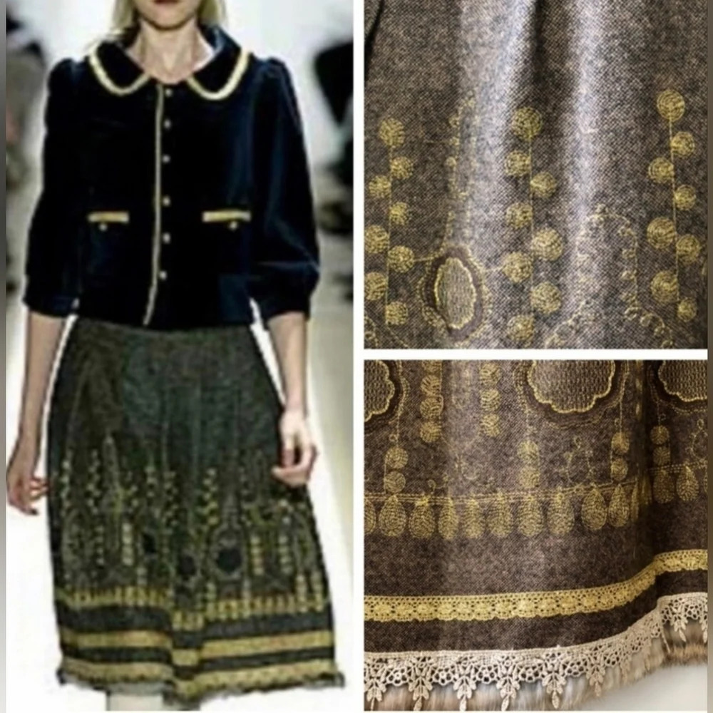 Peter Nygard Wool embroidered textured lace metallic viking skirt fur trim sz 6 - Picture 12 of 14